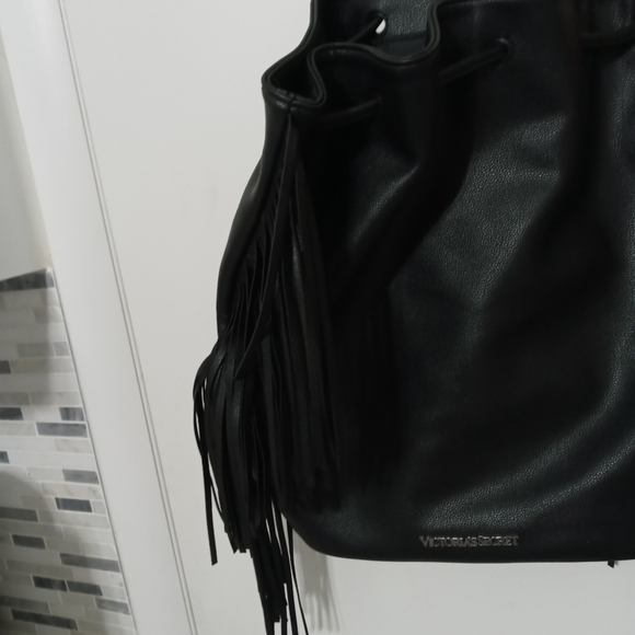 Victoria Secret black Drawstring Backpack With Fringe down both sides - Picture 2 of 13